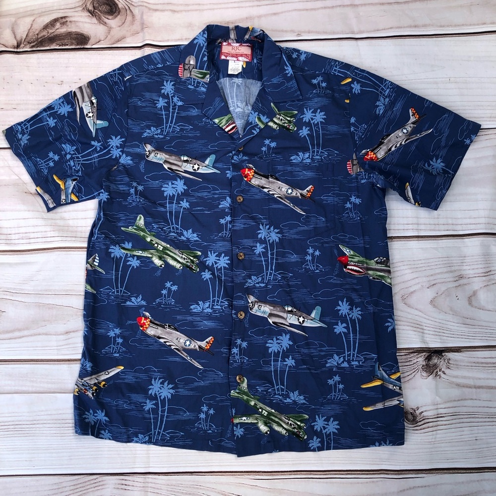 RJC Hawaiian Aviation Fighter Airplanes WWII Patriot Vacation Navy Mens Shirt L